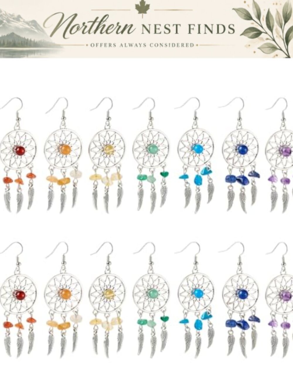 Dream Catcher Feather Earrings Brass Gemstone Dangle Drop Jewelry Set